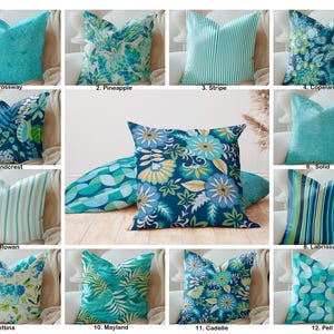 Aqua blue Turquoise and green Outdoor pillow covers, Floral Tropical Striped decorative throw pillow, Turquoise Outdoor Pillow