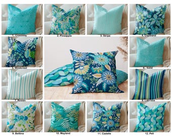 Aqua Blue Turquoise and Green Outdoor Pillow Covers, Floral