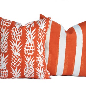 2 quality Outdoor pillow cover, Orange Pineapple, Orange decorative throw pillow Outdoor Striped pillow, accent pillow, Tropical pillow case