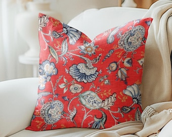 Deep red floral pillow cover, Dark red linen tapestry Medallion Pillow