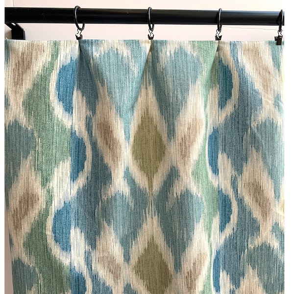 PKL Multi Color Ikat Curtain Panels, Boho Curtains, Taupe Blue Green Tan Curtain Panels,  Ikat Curtains