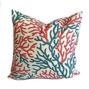 Coastal Coral pillow cover, Coral and Turquoise cushion, decorative throw pillow,  Beach decor pillow, accent pillow, Scott Brothers, Beach