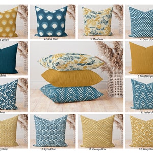 Fall Pillow covers , Mustard Yellow and Dark Blue Throw Pillow, Blue Yellow Ikat solid Damask Dot Chevron Geometric Decorative Pillow