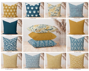 Fall Pillow covers , Mustard Yellow and Dark Blue Throw Pillow, Blue Yellow Ikat solid Damask Dot Chevron Geometric Decorative Pillow