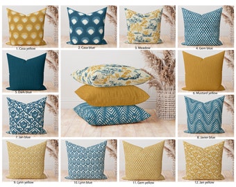 Herfstkussenslopen, mosterdgeel en donkerblauw sierkussen, blauwgeel Ikat effen damast Dot Chevron geometrisch decoratief kussen