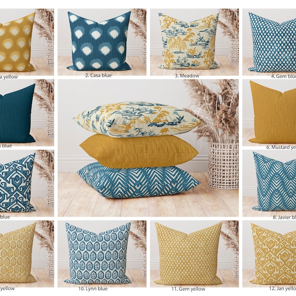 Fall Pillow covers , Mustard Yellow and Dark Blue Throw Pillow, Blue Yellow Ikat solid Damask Dot Chevron Geometric Decorative Pillow