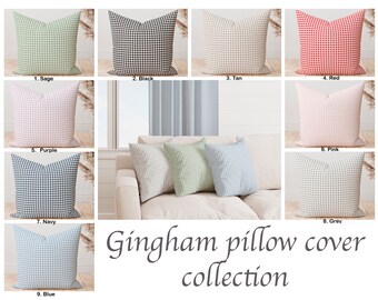 May include: A collection of gingham pillow covers in various colors, including sage, black, tan, red, purple, pink, navy, grey, and blue. The pillows are arranged on a white sofa and against a white background. The text "Gingham pillow cover collection" is displayed.