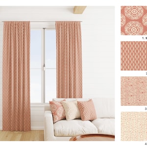 Coral and natural Curtains, Coral Orange Medallion geometric Curtain Panels, Coral tie dye dot curtains