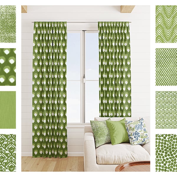 Green Curtains, Moss Green Geometric Curtain Panels, Green Solid Ikat Damask Chevron Toile Leopard Dot curtains