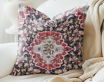 Moroccan medallion red charcoal pillow cover, Burgundy Charcoal tapestry print Medallion Pillow