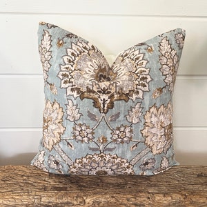 Waverly pillow cover, Light Blue Taupe Pillow, Ice Blue Floral decorative throw pillow, Blue Medallion accent pillow