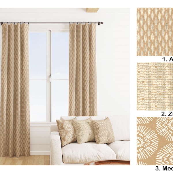 Scott living Curtains, Tan Curtains, 2 Curtain Panels,  Fall Home Decor, Caramel brown  Medallion Leaf Shibori dotCurtain