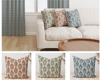 High quality Block Print pillow cover, Grey Indigo Pink Rose Floral Pillow Cover, Royal Aqua blue floral pillow