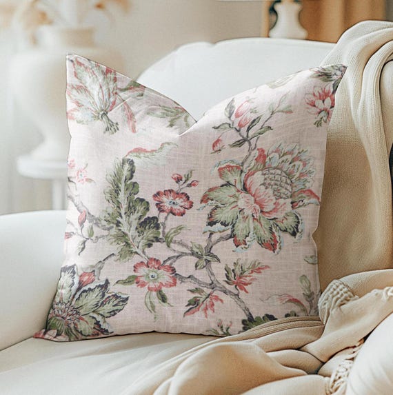 One Covington Sturbridge Pillow, Sage Dusty Blush Pink Rose Floral
