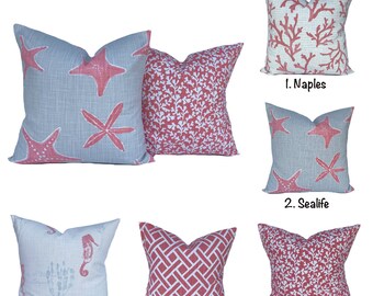 Coastal Pillow Cover Coral Pillow Beach Decorative pillow Coral Shells Seahorse accent pillow, Nautical Throw Pillow