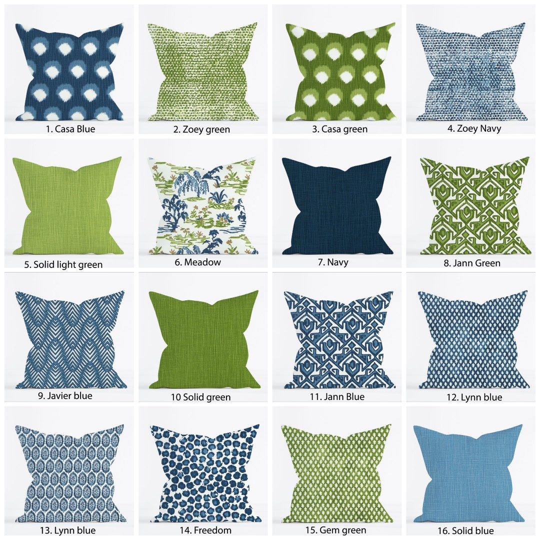 Blue and Green Pillow Covers, Navy Blue Pine Green Floral Ikat