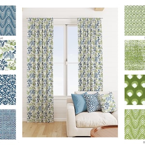 Blue and Green Curtains, Blue Green Geometric Curtain Panels, Dark Blue Moss Green Ikat Damask Chevron Toile curtains