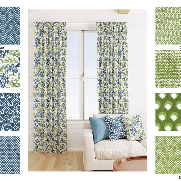 Blue and Green Curtains, Blue Green Geometric Curtain Panels, Dark Blue Moss Green Ikat Damask Chevron Toile curtains