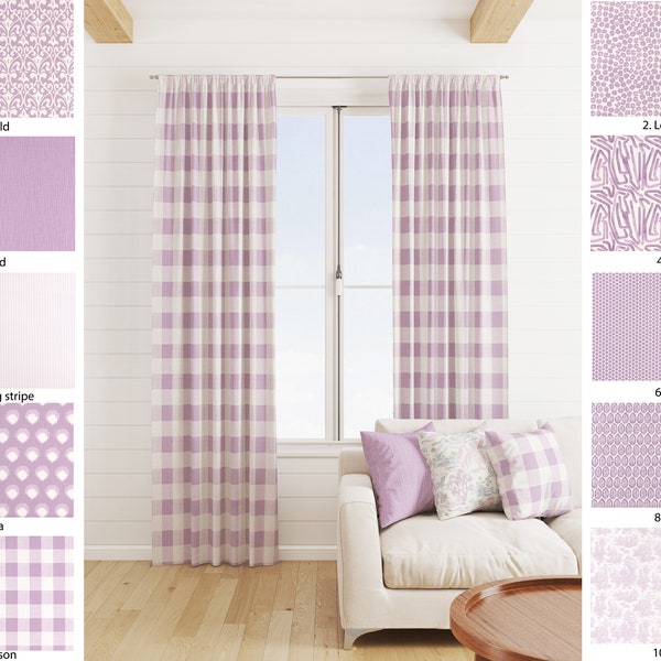 Lilac Purple Curtains, Purple Curtains, Purple Stripe floral Solid Geometric Polka dot Curtain