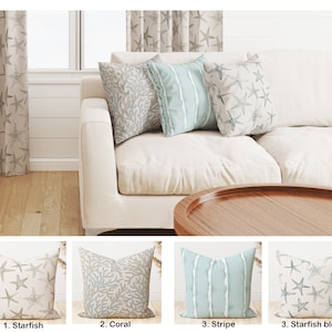 Scott living luxe linen Coastal pillow cover,  Beach Light blue and tan Shibori Coral Shells Starfish Sand dollar aquatic accent pillow