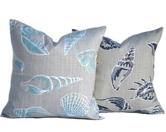 Two Coastal shells pillow cover, cushion, decorative throw pillow, Grey Navy Blue pillow, accent pillow, Geometric pillow,