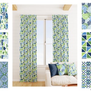 Blue and Green Curtains, Blue Green Geometric Curtain Panels, Navy Blue Forest Green Ikat Damask curtains