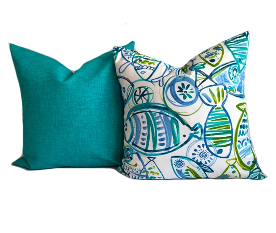 Two Aquatic Outdoor Pillow Covers One Fish and One Solid Turquoise Outdoor Pillow Indigo Blue Decorative Throw Pillow Etsy