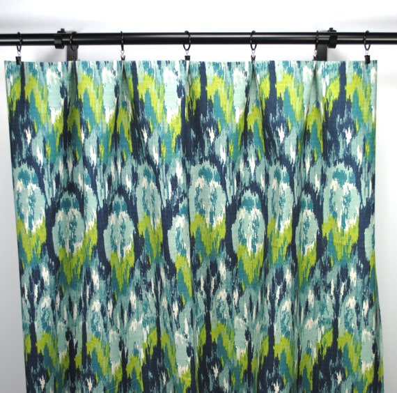 Ikat Curtains Lime Green Palm Navy Blue Curtain 2 Curtain Etsy