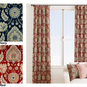 Waverly Curtains, Red Curtains, 2 Curtain Panels,  Fall Home Decor, Navy blue medallion curtains, Dark red medallion curtains