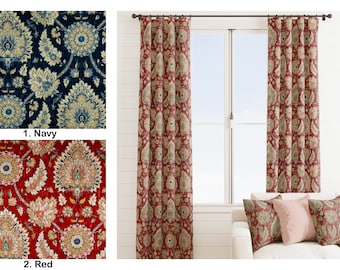 Waverly Curtains, Red Curtains, 2 Curtain Panels,  Fall Home Decor, Navy blue medallion curtains, Dark red medallion curtains