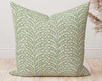 Funda de almohada de decoración para el hogar de alta calidad, cojín con estampado de hojas beige verde claro y azul claro.