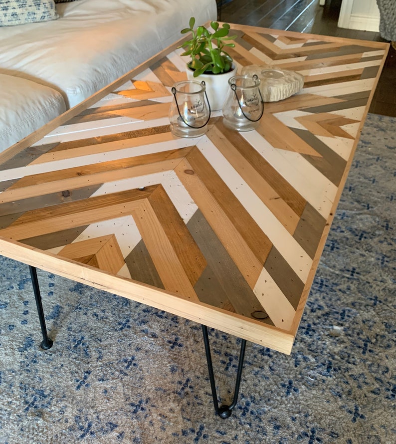 Coastal Herringbone Wood Coffee Table Rustic Table Geometric Etsy