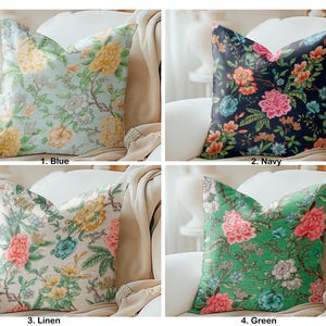 One Covington Pillow, Beige Linen Blue Pink Rose Floral Pillow Cover Decorative Home Decor