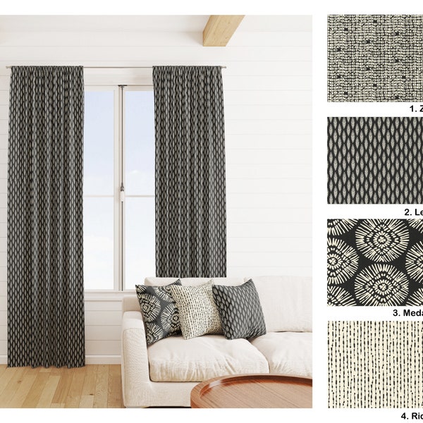 Boho black and cream Curtains, Mud cloth print black Curtain Panels, Black stripe plus swiss print Arrow curtains