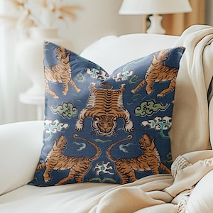 Denim blue Jade Republic Himalayan Tigers pillow cover, Denim Turquoise  blue Jade green Chinoiserie dharma tiger decorative throw pillow