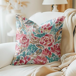Magnolia Floral pillow cover, Turquoise teal and fuchsia pink golden tan grey floral decorative throw pillow