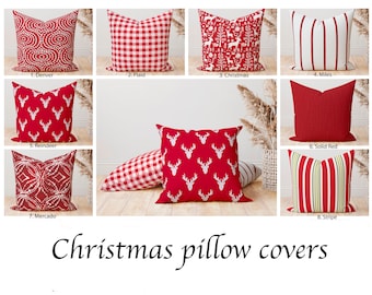 Christmas pillow cover, Red decorative throw pillow, Dot Geometric Chevron Stripe Reindeer decorative pillow