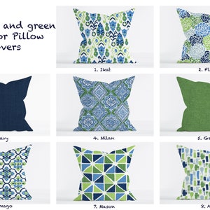 Blue and Green Outdoor pillow covers, Navy Blue Pine Green Floral Ikat Geometric Artistic decorative throw pillow