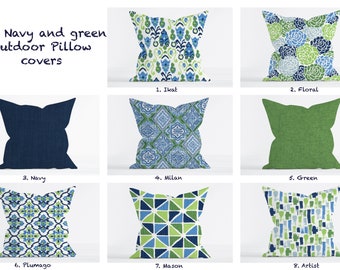 Blue and Green Outdoor pillow covers, Navy Blue Pine Green Floral Ikat Geometric Artistic decorative throw pillow