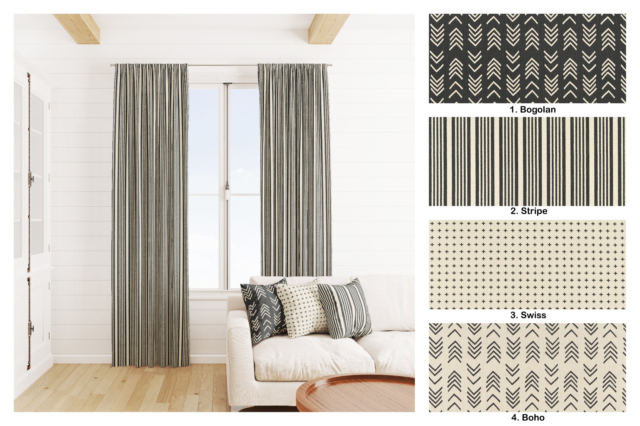 Boho Black and Cream Curtains, Mud Cloth Print Black Curtain Panels, Black  Stripe Plus Swiss Print Arrow Curtains - Etsy, image size:2550x1700