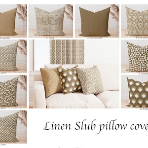 Brown Linen slub pillow covers, Brown Tan Mid Century Floral Ikat Dot Azteca Leopard Geometric Artistic decorative throw pillow
