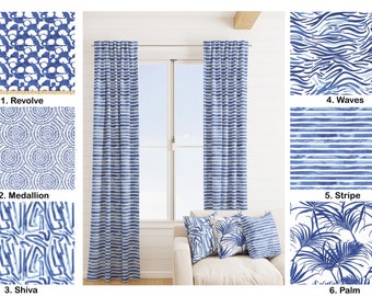 High quality Royal Blue Curtains, Blue Tropical Curtains, 2 Curtain Panels, Dark blue  Medallion Leaf Shibori dotCurtain