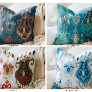 May include: Four decorative throw pillows with different ikat patterns. The pillows are arranged in two rows of two, with each pillow labeled with a number and a color name. The pillows are all made of a soft, textured fabric and feature a variety of colors, including blue, green, red, and white.