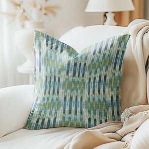 Artistry Striped pillow cover, Emerald olive green beige linen blend geometric abstract stripe Pillow