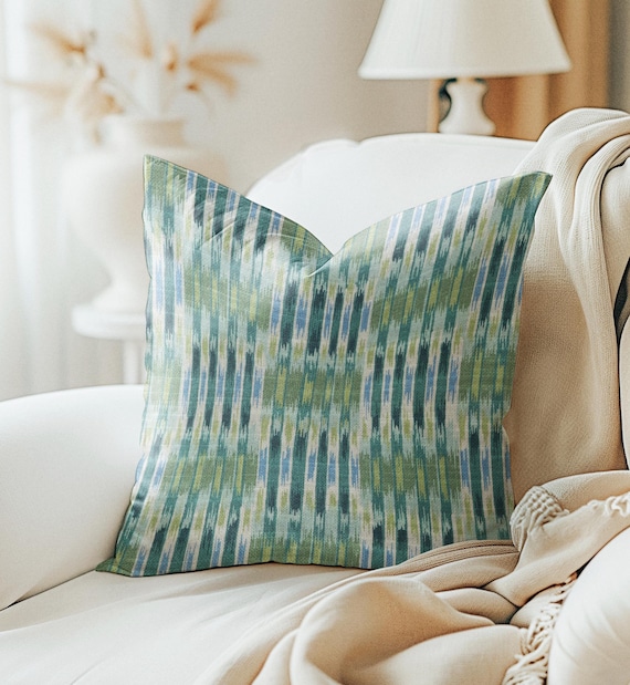 Artistry Striped Pillow Cover, Emerald Olive Green Beige Linen