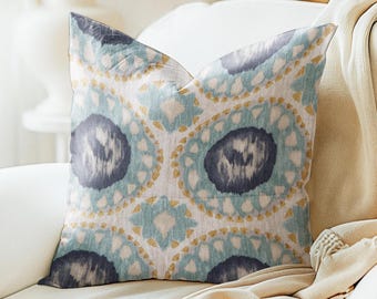 Magnolia medallion print pillow cover, Turquoise aqua Navy blue beige mustard yellow Damask print abstract decorative throw pillow