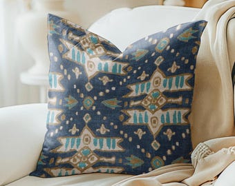 Magnolia abstract print pillow cover, Navy Turquoise blue beige Azteca print abstract decorative throw pillow
