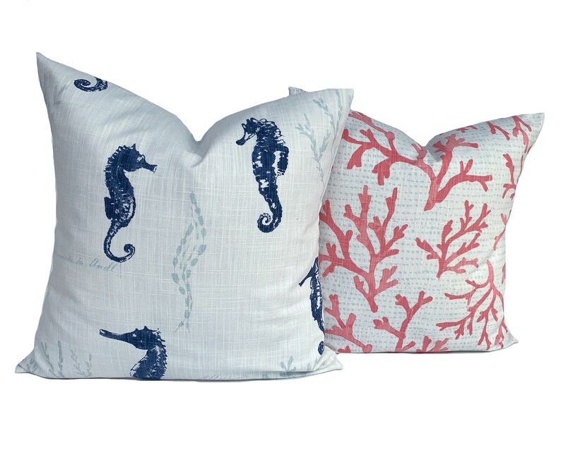 Coastal Pillow Cover Coral Navy Blue Pillow Beach Decorative Etsy