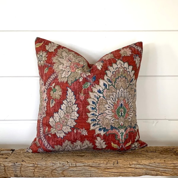 Waverly pillow cover, Dark Red Pillow, Red Floral decorative throw pillow, Burgundy accent pillow