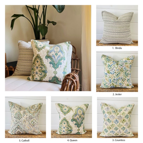 Magnolia home Bay Green pillow covers, Damask Paisley Boho Moroccan Geometric Green decorative throw pillow